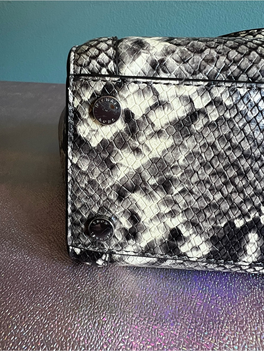 Michael Kors Black and White Python Embossed Leather Satchel - Picture 7 of 8